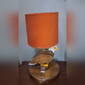 Vintage Handmade Wooden Bald Eagle Table Lamp with Retro Orange Shade